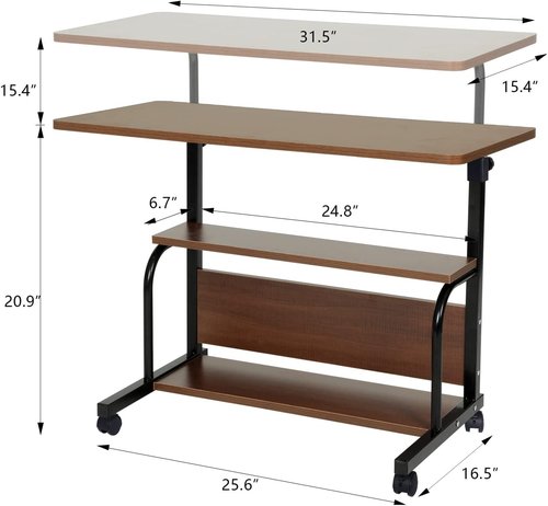 QZMDSM Portable Rolling Desk - Adjustable Height Small Standing Desk with Wheels | 32" Brown Computer Desk with Storage Shelves for Home Office