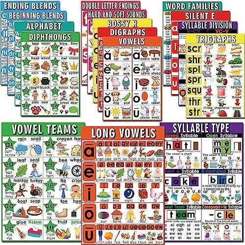 16 English Phonics Posters Language Arts Charts for Kids Toddler Learning Vowels Posters, Phonics Poster for Classroom, Digraphs and Blends Poster, Sound Wall Phonics Chart, Boho Classroom