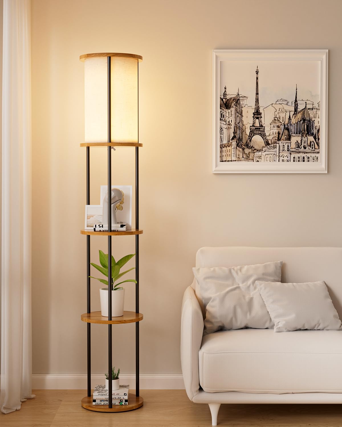 Lightdot 61" Floor Lamp with Shelves, Modern Black Standing Lamp with Fabric Shade and 3- Tier Solid Wood Table Attached, Corner Bookshelf Lamps with Bulb Included for Sofa Beside/Corner Decor