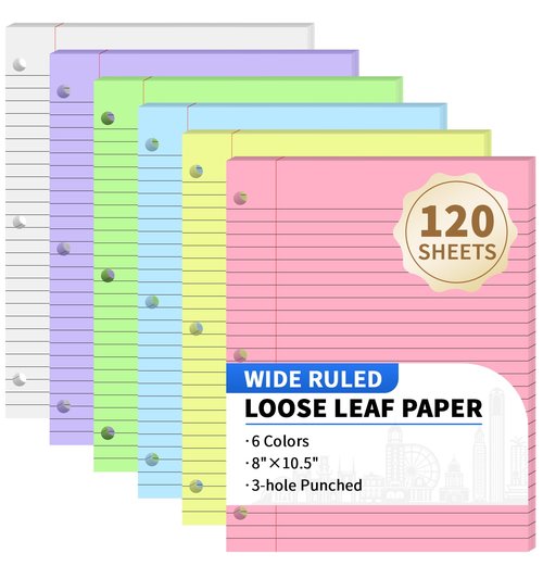 120 Sheets Loose Leaf Binder Paper, 6-Color Wide Ruled Lined Paper, 8” x 10.5”, 3-Hole Punched Notebook Paper Writing Paper for School Office