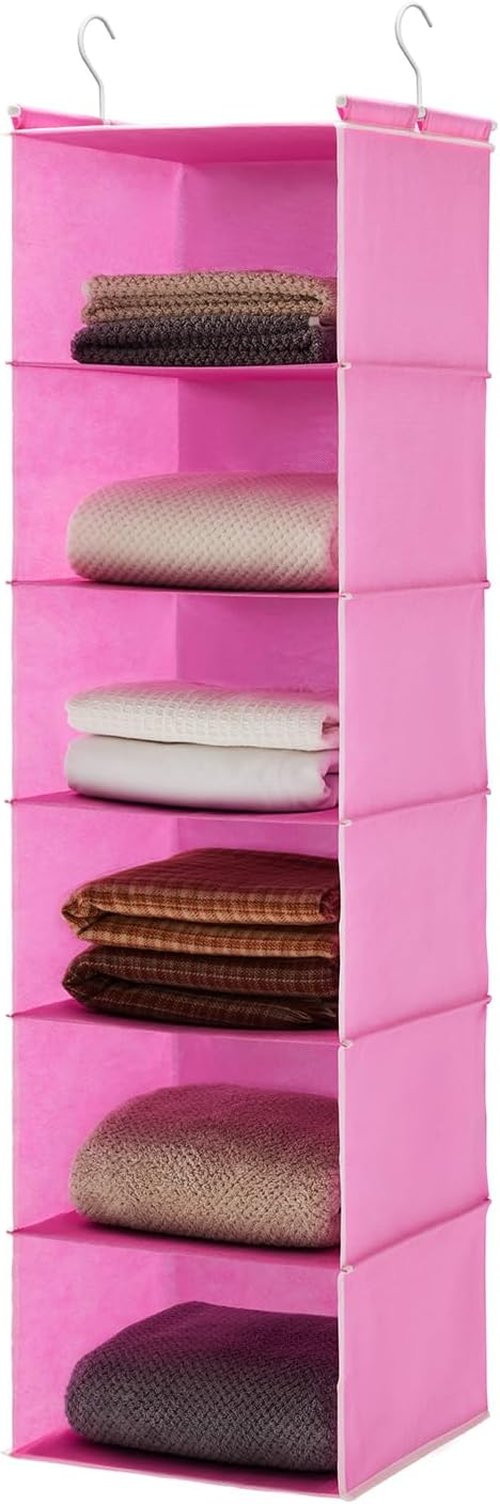 MAX Houser 6-Shelf Hanging Closet Organizer - Space-Saving Storage Solution with 2 Hooks | Foldable Pink Design