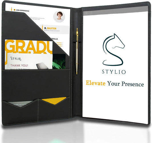 Skiennix Padfolio Organizer - Elegant Faux Leather Interview Resume Folder | Letter-Sized Notepad & Business Card Holder | Piano Noir Finish