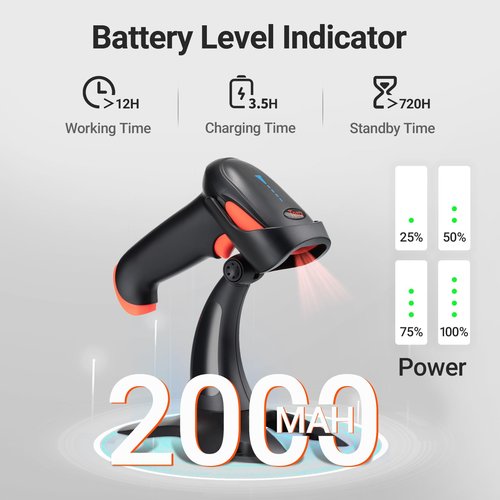 Tera Barcode Scanner Wireless 1D 2D QR with Stand: Battery Level Indicator 3 in 1 Works with Bluetooth 2.4G Wireless USB Wired Handheld Bar Code Reader with Vibration Alert HW0002 Orange