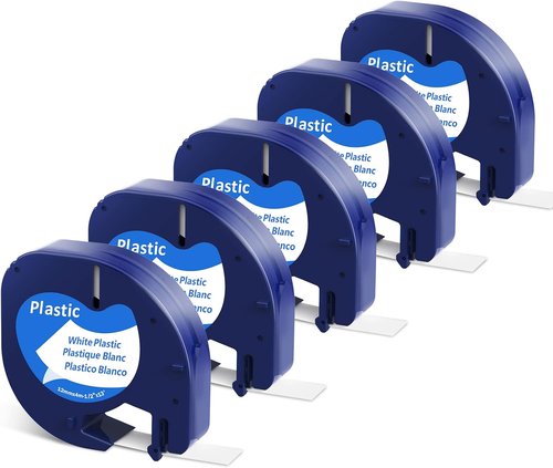 DYMO LetraTag Tape Refills - 5-Pack Black on White | 12mm x 4m (1/2" x 13ft) | Compatible with LT-100H Plus, LT-100T, LT-200B, QX50
