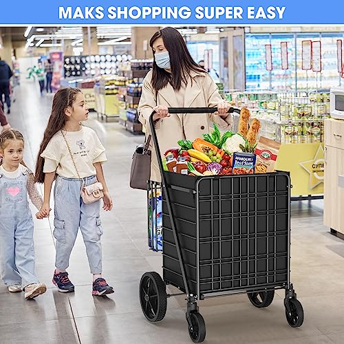 Super Jumbo 450lbs Capacity Folding Shopping Cart on Wheels - RXUJYC (Includes Large Front & Back Baskets) - Easy Assemble
