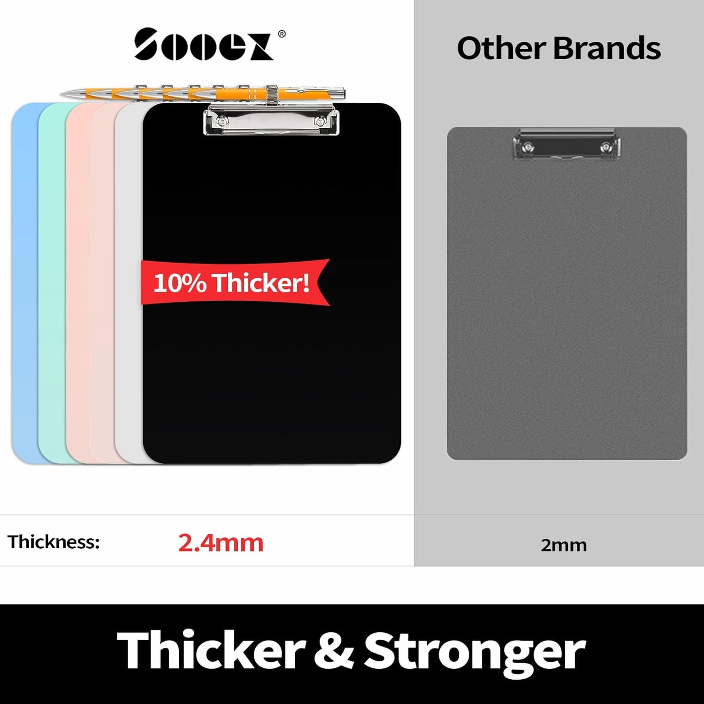 Sooez Plastic Clipboard - 10% Thicker Clip Board with Pen Holder | Clear 8.5x11 for Office & School Use