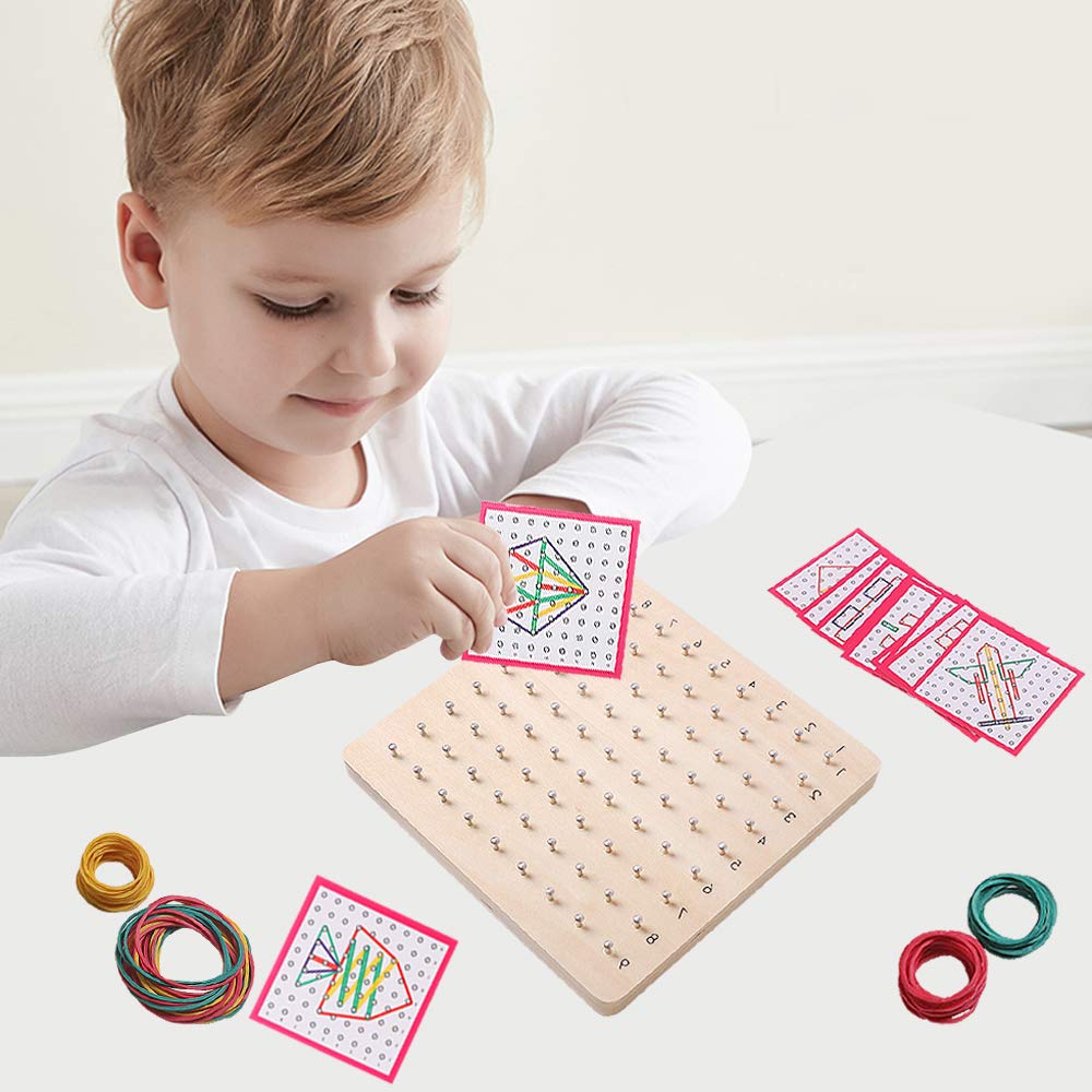 Skrtuan Wooden Geoboard with Pattern Cards & Rubber Bands, Montessori STEM Educational Toy for Kids 3-5 5-8 Years Old, Brain Teaser Puzzle Game for Geometry Learning and Creative Shapes