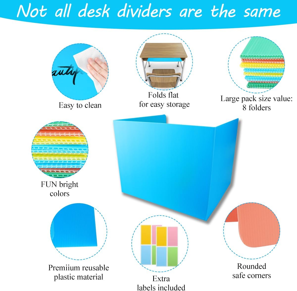 Skiennix Desk Dividers - Durable Plastic Erasable Privacy Panels | 8-Pack Pastel Colors for Classroom Use