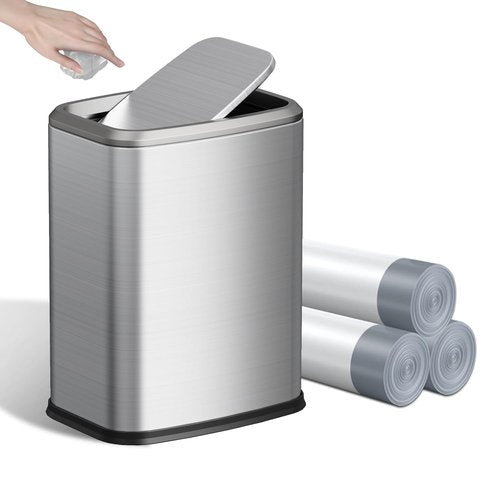 Skiennix 8L Small Bathroom Trash Can - Stainless Steel Swing-Top Waste Bin for Home & Office (Silver)