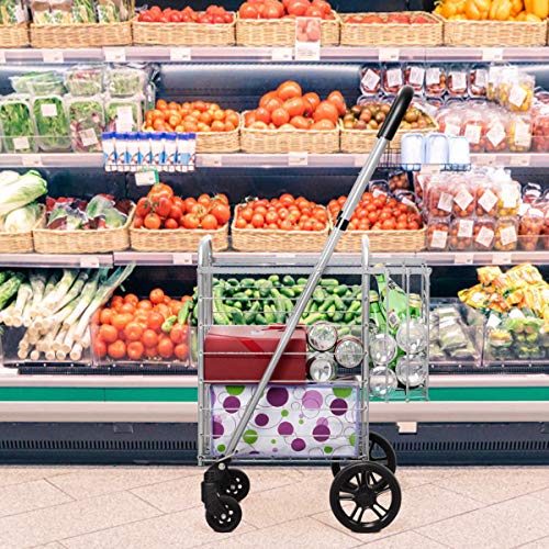 PETSITE Foldable Shopping Cart, Utility Cart Double Basket Cart for Grocery Laundry Travel with Swivel Wheels