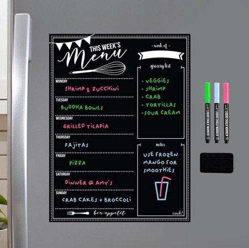 Cinch! 16x12-Inch Chalkboard Weekly Menu - Magnetic Meal Planner Board for Refrigerator - Reusable Black Menu Board with 3 Neon Liquid Chalk Markers - Weekly Food Planner for Kitchen Organization