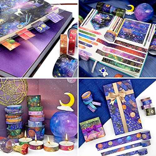 52 Rolls Washi Tape Set, Gold Foil Galaxy Washi Tape for Journaling Supplies, 4 Size Washi Tapes for Scrapbooking, DIY Journal Set, Craft, Gift Wrapping, Painting