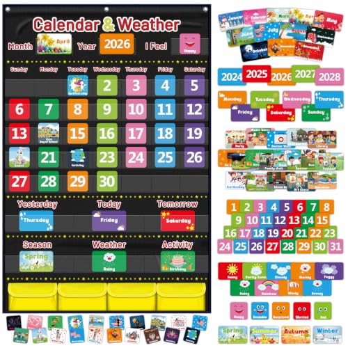 Black Kids Calendar and Weather Pocket Chart with 113 Cards - Homeschool & Classroom Learning