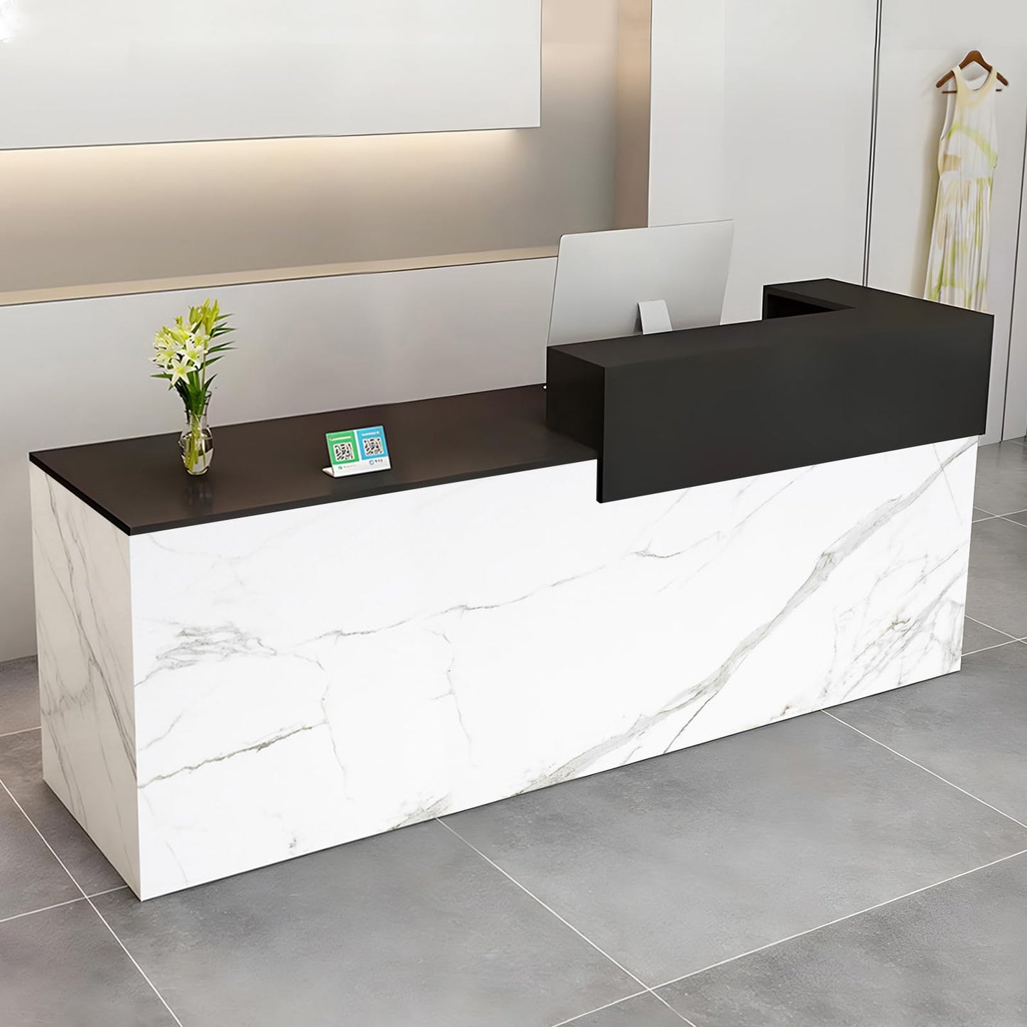Modern Reception Desk with Drawer & Open Shelves, 39-95 Inch Front Counter Table, Computer Workstation Suitable for Salons, Offices, Lobbies, Retail Stores and Home Offices
