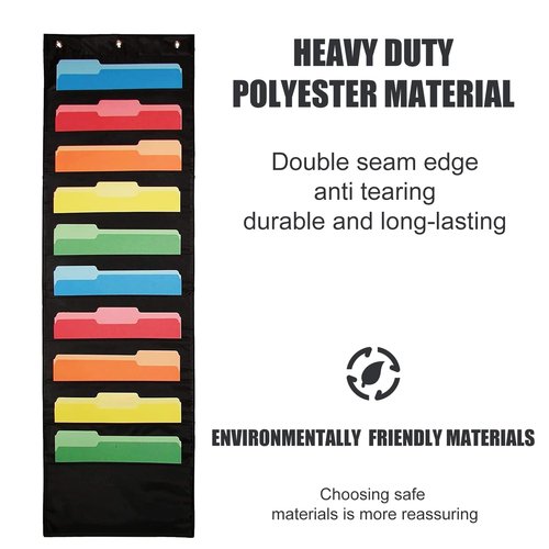 Heavy Duty Storage Pocket Chart for Classroom and Office, 10 Pockets, 3 Over Door Hangers Included, Hanging Wall File Organizer for File Folders, School Mailbox, Home/Office Papers & More (Black)