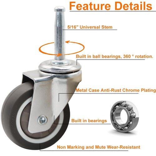 QAVBFA 2 inch Caster Wheel Rubber Furniture Swivel Casters (2 with Brakes) Set of 4, 5/16" x 1-1/2" (8 x 38mm) Grip Neck Stem Castors with Sockets for Shop Vac Wet Dry Vacuums Caster, Carts, Furniture