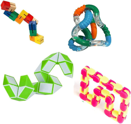 Tangle® Fidget Sensory Stress Relief Toys - Pack of 4 Textured Twisters & Brain Teaser Blocks