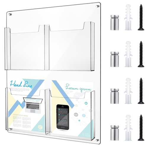 Yousoontic 4 Pocket Pamphlet Holder Wall Mount Acrylic Brochure Holder Plastic Trifold Multi Slot Flyer Rack Clear Literature Rack Magazine Literature Display Wall Hanging Organizer for Office