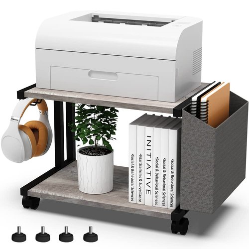 VEDECASA 2 Tier Vintage Greige Wooden Under Desk Printer Stand with Storage Bag for Home Office Desktop Printer Table Organizer Mobile Printer Shelf Cart with Caster Wheel