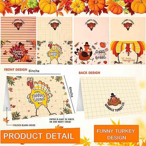 Fulmoon 240 Sets Funny Thanksgiving Greeting Cards Bulk Silly Turkey Gobble Thanksgiving Cards Assortment 4 x 6 Inch Thankful Fall Holiday Card with Envelopes and Stickers for Family Harvest Party