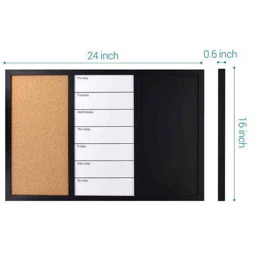 Navaris Combination Board Cork/Whiteboard/Chalkboard - 16 x 24 inches Combo Bulletin Magnetic Dry Erase Chalk Board Weekly Planner Message Organizer