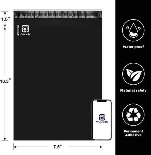 POLYSELLS Black Poly Mailers - 200 Pcs 7.5x10.5 Inches, Waterproof & Tear-Resistant Shipping Envelopes for Small Business