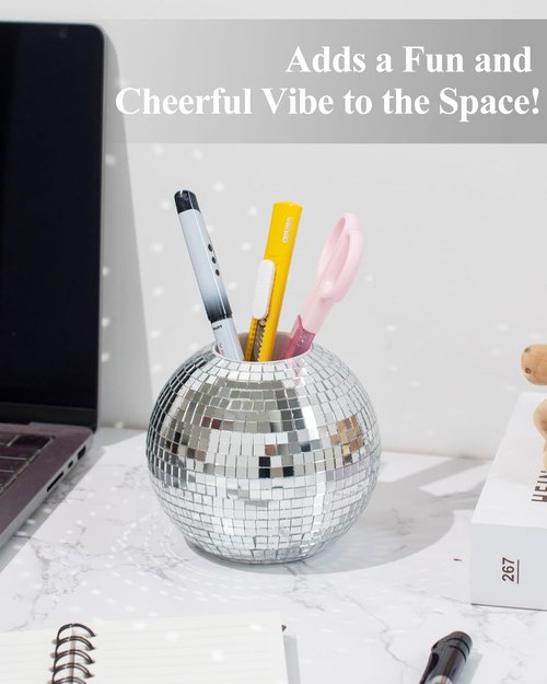 RGBDOT Disco Ball Pencil Holder for Desk - Pen & Makeup Brush Organizer with Silver Sequins, Disco Accessories Decor for Office, Home, or Bedroom - 4 in