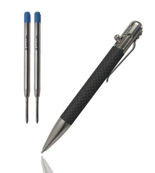 BASTION Carbon Fiber & Stainless Steel Pen Plus 2 Gel Blue Ink Refill | Luxury Bolt Metal Fine Point (0.5mm) For Women & Men Ballpoint Pen Combo Gift Set