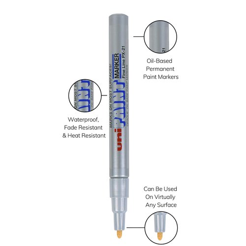 Uni-Ball Uni Paint PX-21 Oil-Based Paint Markers, Fine Line (1.2mm), Silver, 2 Count