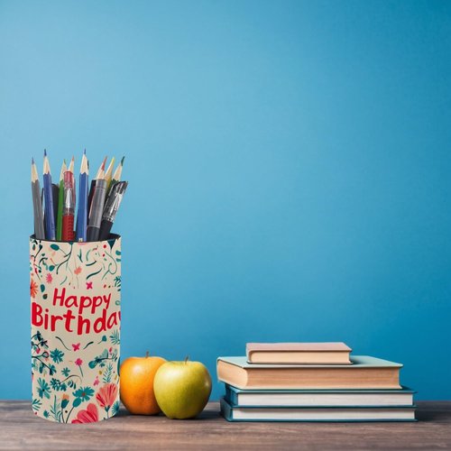otnrnondcl Music Box Pen Holder Stand for Desk, Iron & Leather Pencil Makeup Brush Organizer, Rotating Musical Figure Present for Home, Birthday (Birthday Flowers - Christmas Song)