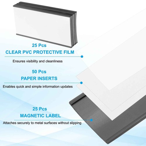 PATIKIL Magnetic Label Holder 6" x 3" with Paper Inserts, 25 Pcs C Channel Magnetic File Cabinet Labels Shelf Data Card Holder Signs for Metal Racks Shelves Whiteboard Tool Box