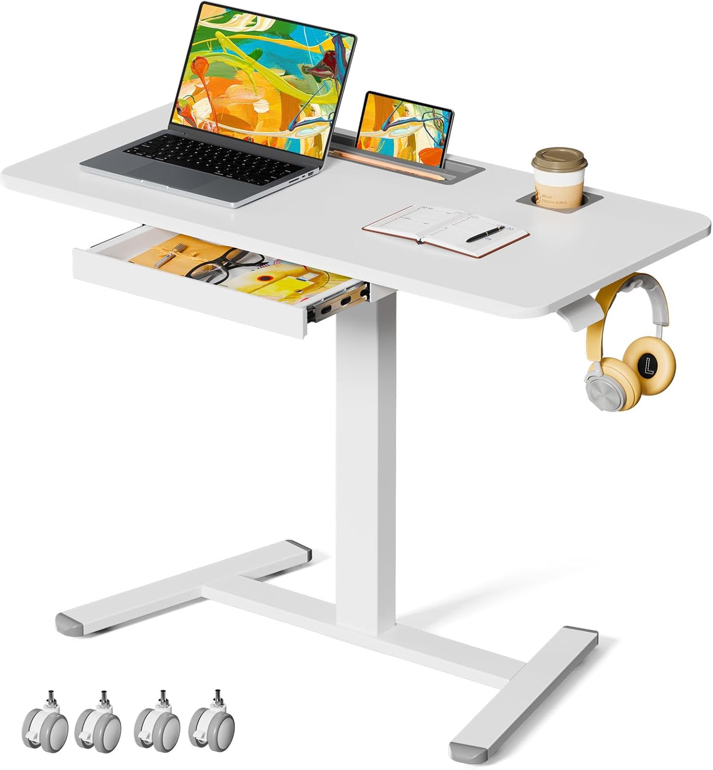 Skiennix Mobile Standing Desk - Height Adjustable with Drawer & Cup Holder | 40" White Rolling Workstation