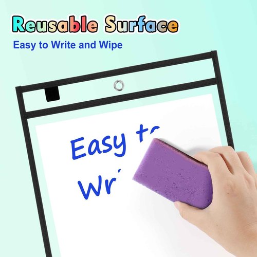 EEHZTSI 50 Packs Dry Erase Pocket Sleeves with 2-Ring, Reusable Clear Plastic Classroom Sleeves, 10x14 Inch Ticket Holders, Plastic Sleeves for School/Office Organization