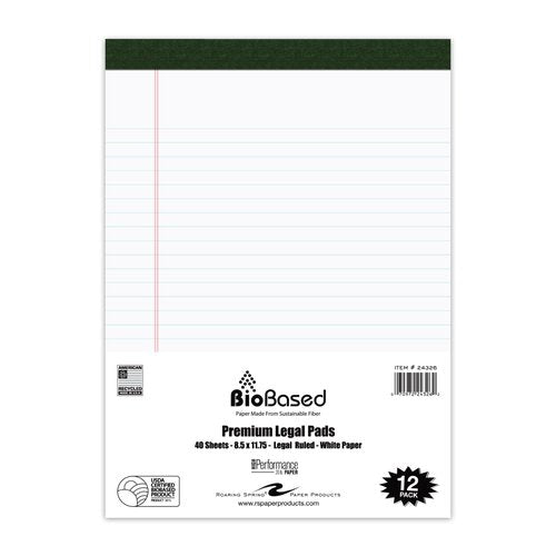 Roaring Spring BioBased USDA Certified Bio-Preferred Legal Pads, 12 Pack, 8.5" x 11.75" 40 Sheets, White