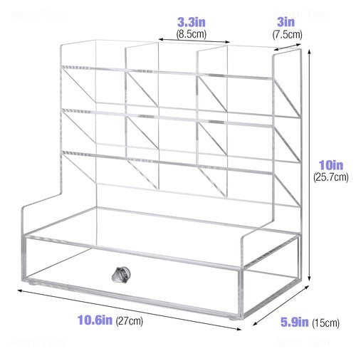 NiOffice Clear Acrylic Desk Organizer with 10 Compartments for Pens, Writing & Correction Supplies Ideal for Office, School and Home Use