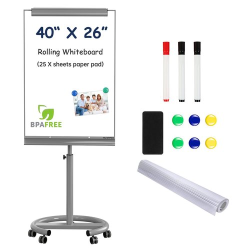 TSJ OFFICE Mobile Standing Whiteboard - 40 x 26 Inches Dry Erase White Board Tripod Whiteboard with Rolling Stand Flipchart Easel Height Adjustable