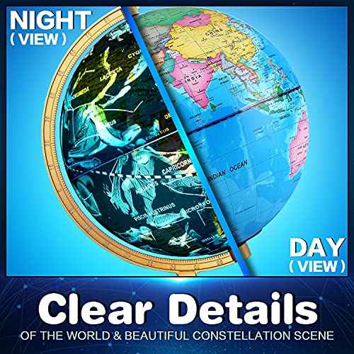 Illuminated World Globe for Kids & Adults All Ages with Wooden Stand 7 in 1- Night View Stars Map Constellation Globe with Detailed Colorful World,Built-in LED Bulb, Educational Gift