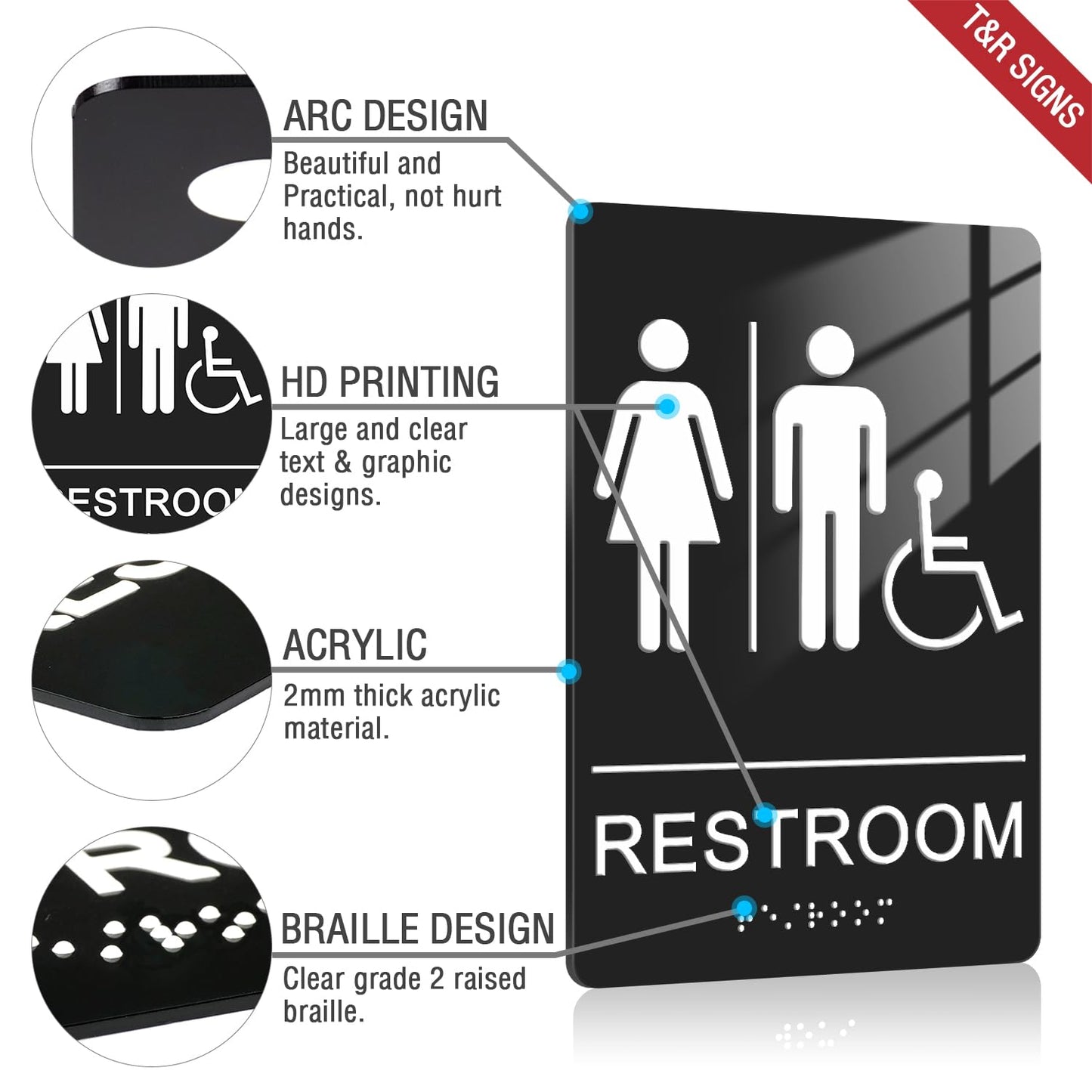 T&R ADA Braille Unisex Bathroom Signs, Restroom Signs - 1 Pack - 9 x 6 Inches Acrylic with Self-Adhesive Tape for Office or Business Bathroom and Toilet Door or Wall Decor