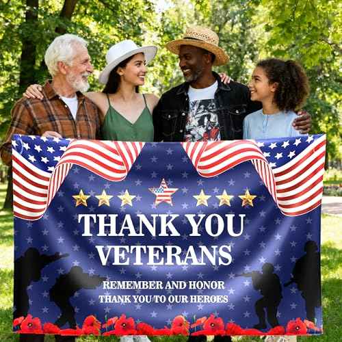 Veterans Day Decorations Backdrop 71x43 Inch ? Thank You Veterans Patriotic Banner for Memorial Day & Veterans Day, Large Indoor/Outdoor Photography Background with 19.69ft Ribbon & 4 Brass Grommets