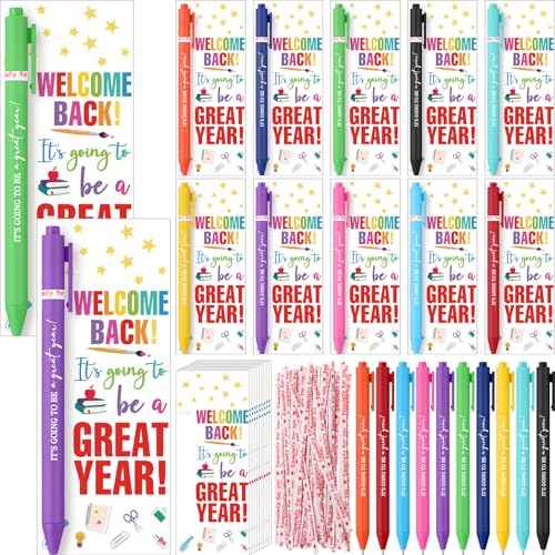 100 Set Welcome Back To School Supplies Gift Bulk Include Greeting Card with Tie and Inspirational Ballpoint Pen First Day of School Gift for Student Classmate Teacher Classroom (Vivid Color)