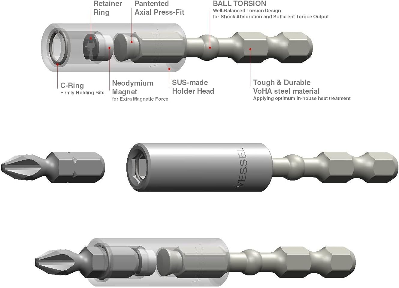 Vessel Magnetic Bit Holder Extension Set - 1/4" for Impact Drivers | 12", 6", 2.5" Lengths - Made in Japan
