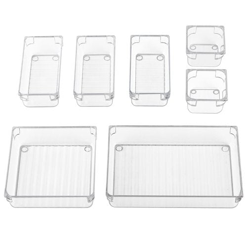 AMEITECH 7 PCS Clear Drawer Organizer Set, 4 Sizes Acrylic Drawer Storage Trays, Plastic Desk Drawer Organizer for Office, Storage Bins for Makeup, Vanity, Bedroom, Kitchen Gadgets Utensils