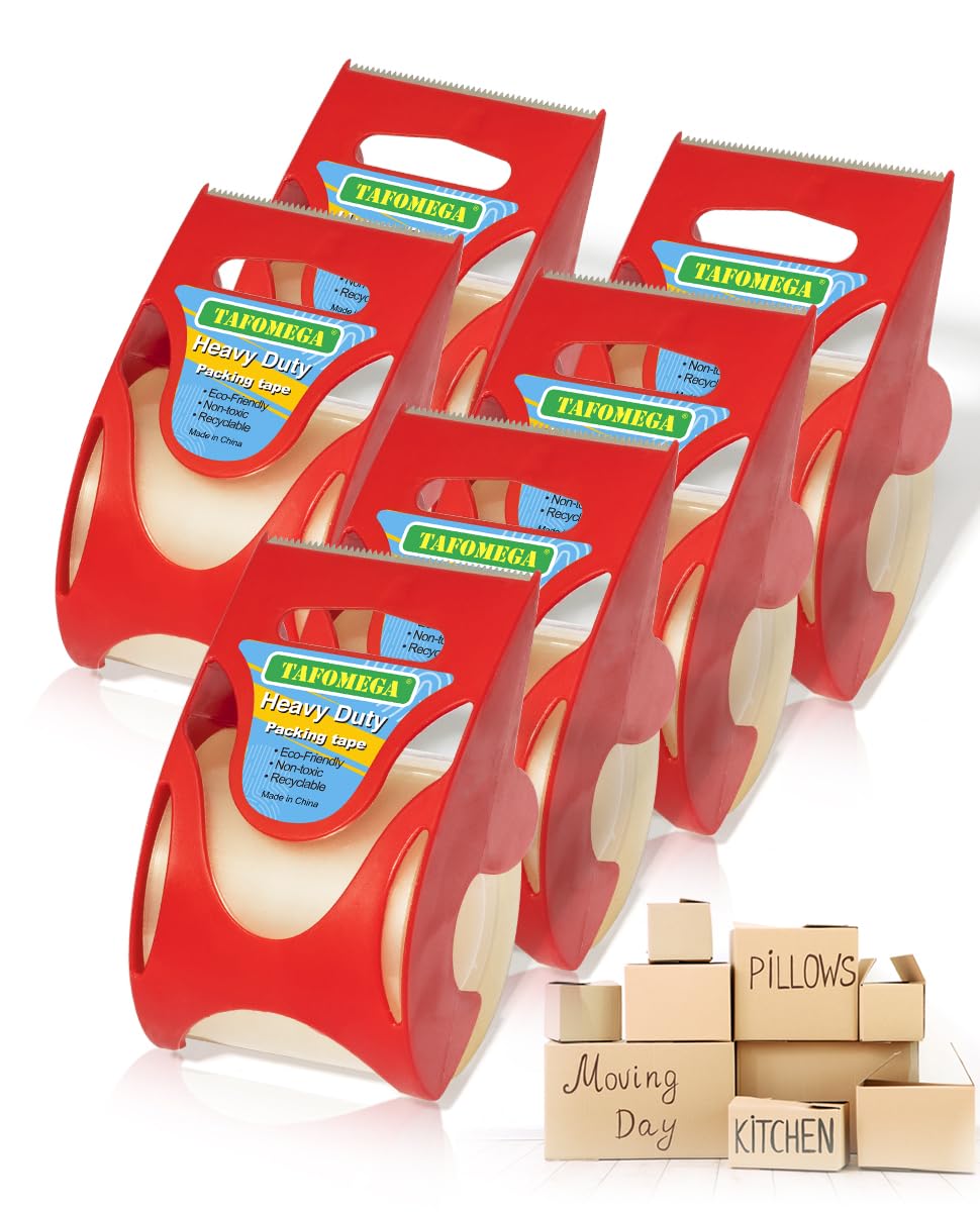 Tafomega Clear Packing Tape for Moving Boxes,Heavy Duty&Noiseless Moving Tape with Dispenser,Strong Adhesive Packaging Tape Releases Smoothly Quietly,1.96 Inch X 27 Yards,6 Packs