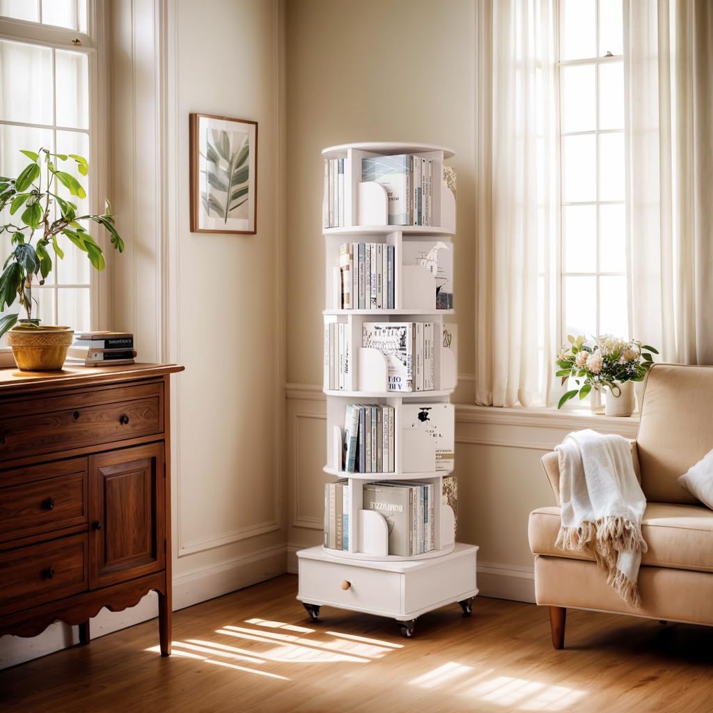 Ywin 6 Tier Solid Wood Rotating Bookshelf with Wheels, 360°Spinning Book Shelf Tower with Storage Cabinet,Round Revolving Bookcase Organizer, Rolling Bookshelves for Small Spaces, Corner, Bedroom