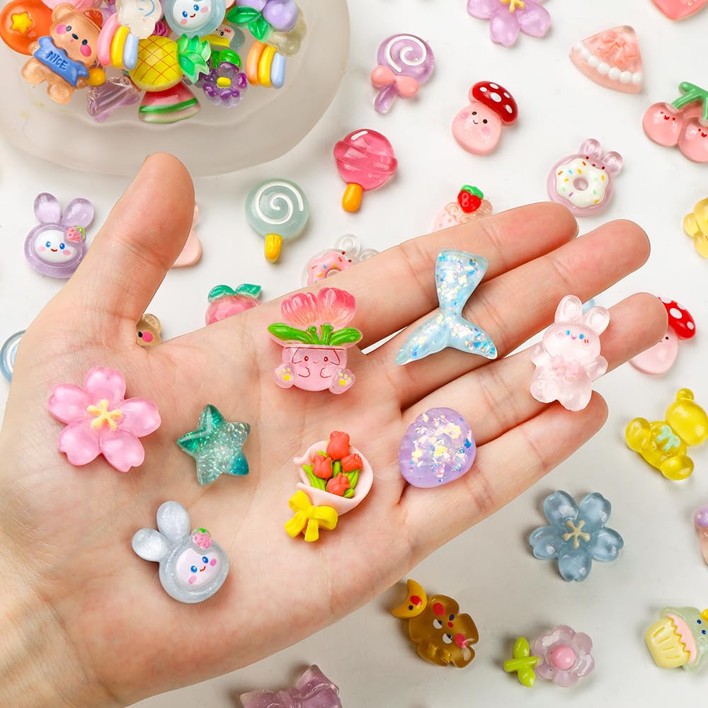 Vellibring 60PCS Cute Slime Charms Mixed Flatback Resin Charms Set,60 Styles Cartoon Making Kit Decorations for DIY Craft Phone Cases Nails Scrapbooking