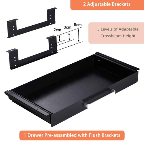 OSteed Under Desk Drawer Organizer 21" Black Upgraded with Adjustable Brackets, Sliding Pull-Out Under Table Pencil Drawer, Office Standing Desk Attachment for Workbench