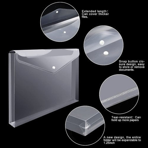 EOOUT 24pcs Clear Envelopes, Expandable Folders for Documents and Waterproof Folders with Snap Closure, A4 Size Letter Size, for School and Office Supplies