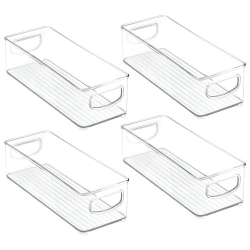mDesign Small Plastic Office Storage Container Bins with Handles for Organization in Filing Cabinet, Closet Shelf, or Desk Drawers, Organizer for Notes, Pens, Pencils, Ligne Collection, 4 Pack - Clear