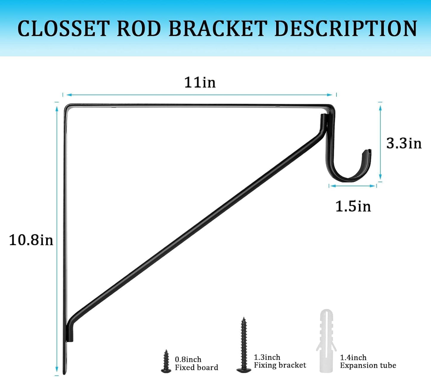 10PCS Heavy Duty Closet Rod Bracket, 11 x 11 Inch Closet Shelf Brackets,Supports 300 lbs,Wall Mount Closet Rod Supports Bracket Hook with Screws, Closet Rod Holders for Home and Closet Decor(Black)