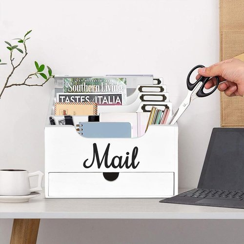 Niciksty Wood Desktop Mail Organizer, Mail Organizer Countertop with 4 Compartments and Drawer, Wood Mail Holder Sorter Organizer Holder for File Letter Paper Folder, White Wooden Desk Organizer